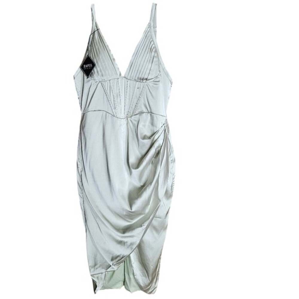 Zaful‎ Sage Green Satin Corset Midi Dress Pleated Bust Tulip Hem Size Large NWT